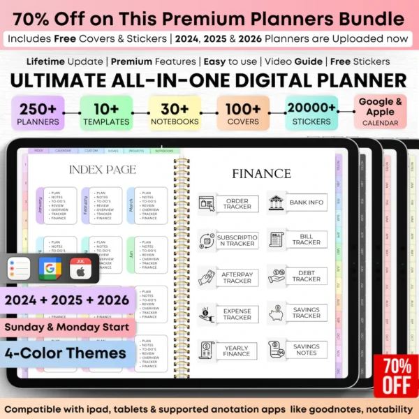 All-in-One Digital Planner 2024, 2025, 2026, Undated Digital Planner, Digital Journal, Digital Goodnotes Template, Notability, Daily Planner